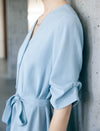 Light Blue V-Neck Tie Waist Midi Shirt Dress