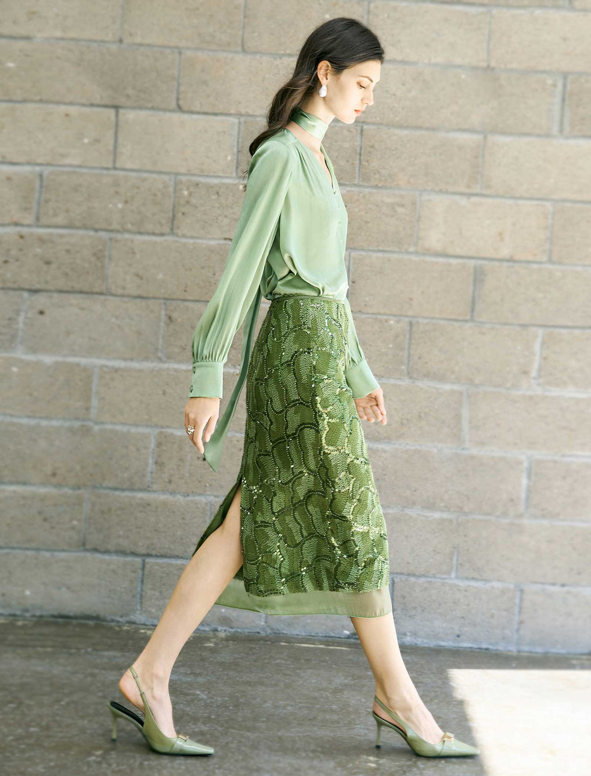 Olive Green Sequin Midi Skirt