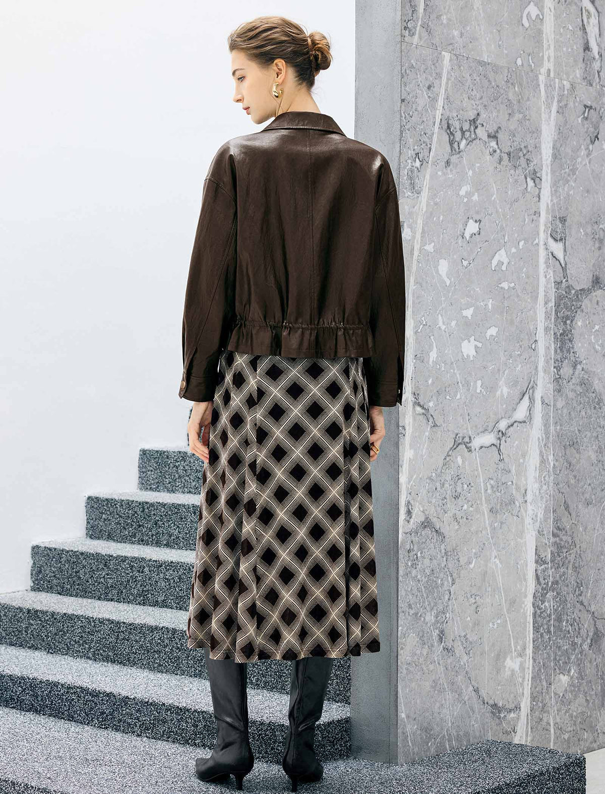 Coated Collared Snap-Front Relaxed Cropped Moto Jacket