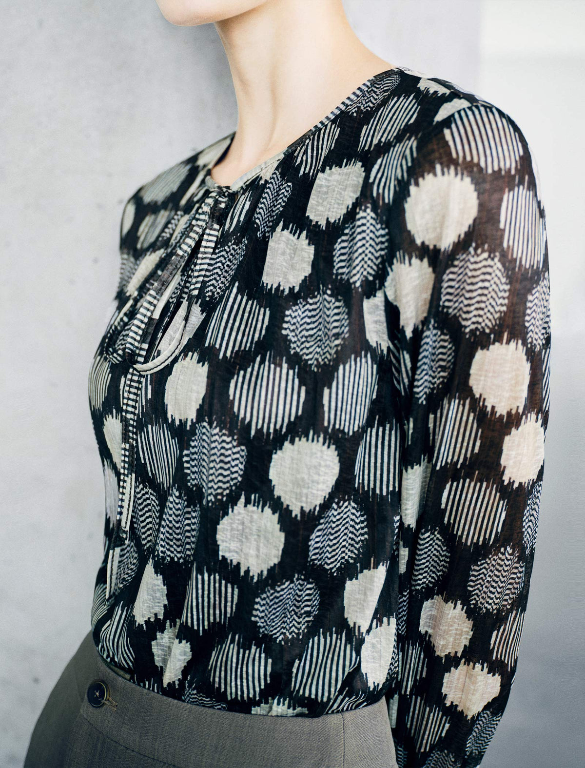 Vintage Geo-Dot Tie-Neck Long-Sleeve Knit Top