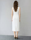 Shoulder Ruched Waist Midi Sheath Dress With Metal Buckle