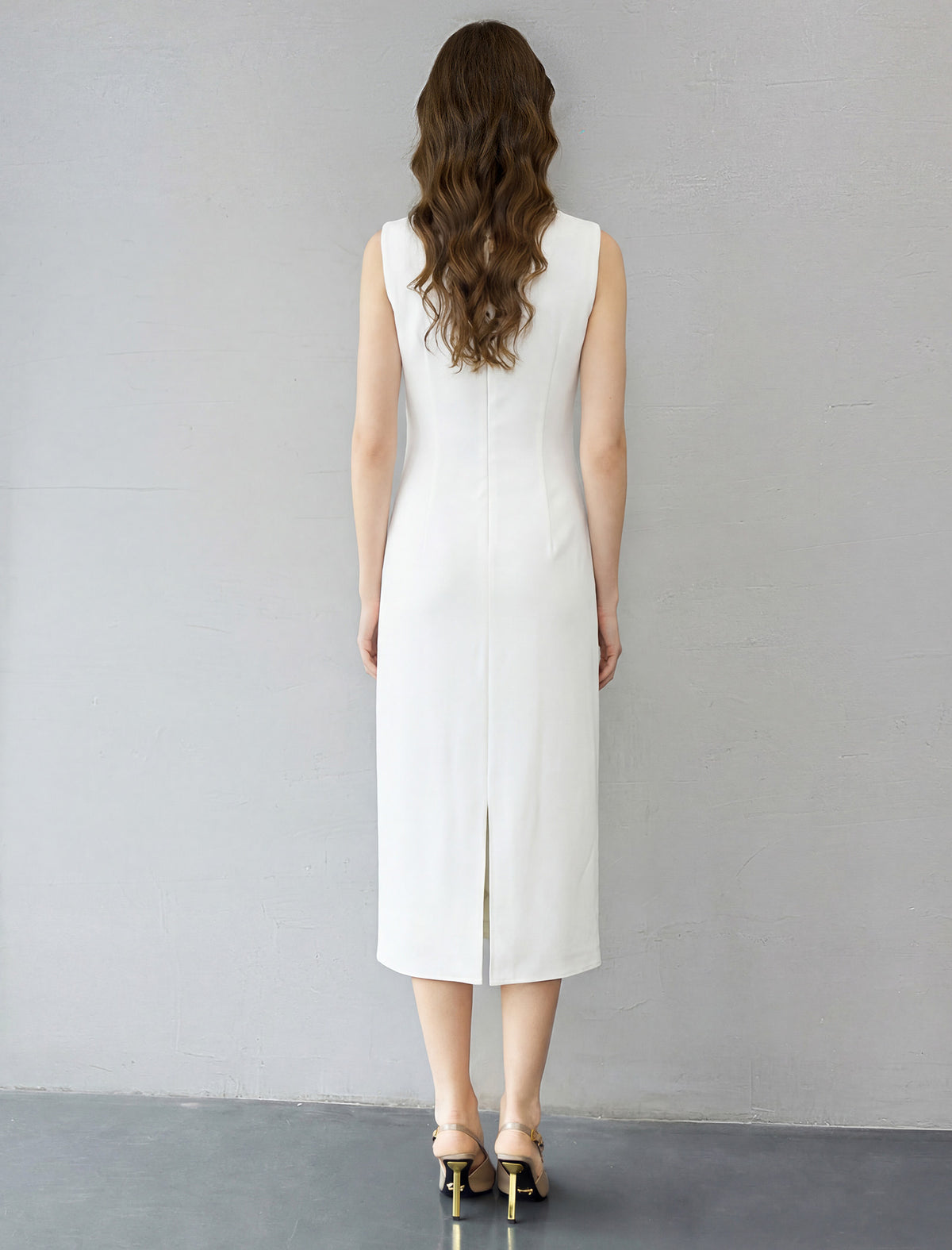 Shoulder Ruched Waist Midi Sheath Dress With Metal Buckle