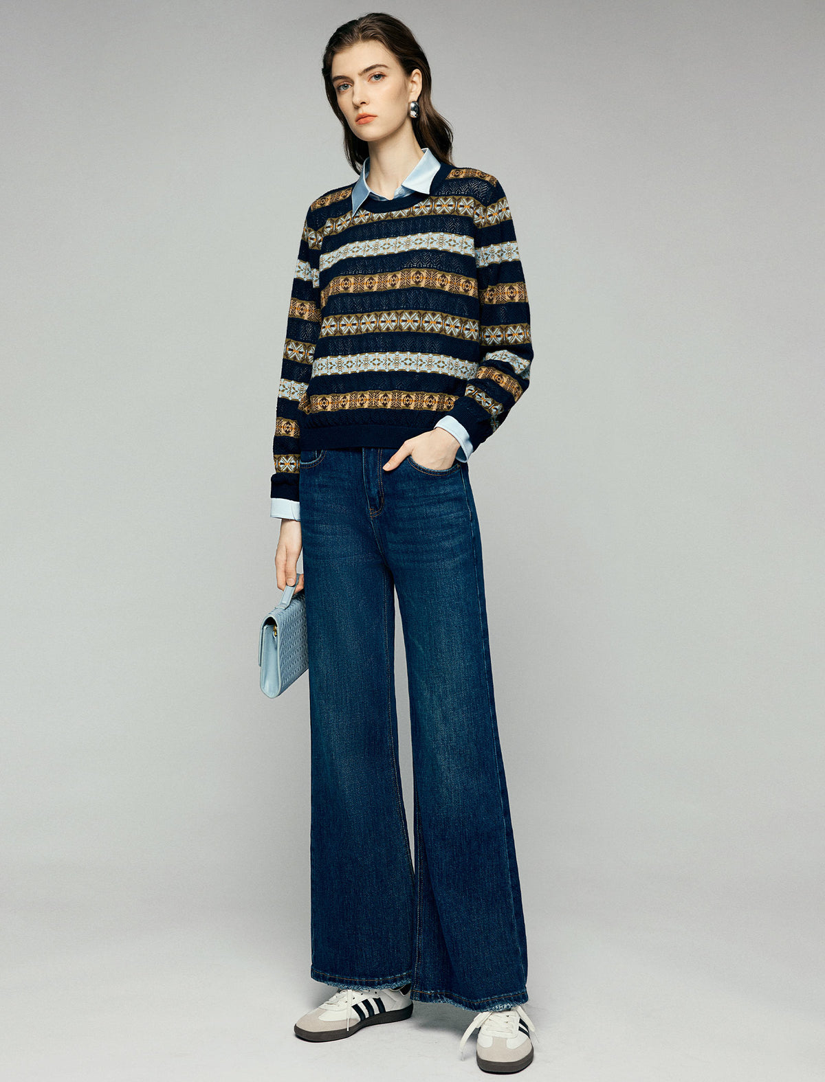 Heart-Detail High-Waist Fringe-Hem Wide-Leg Jeans