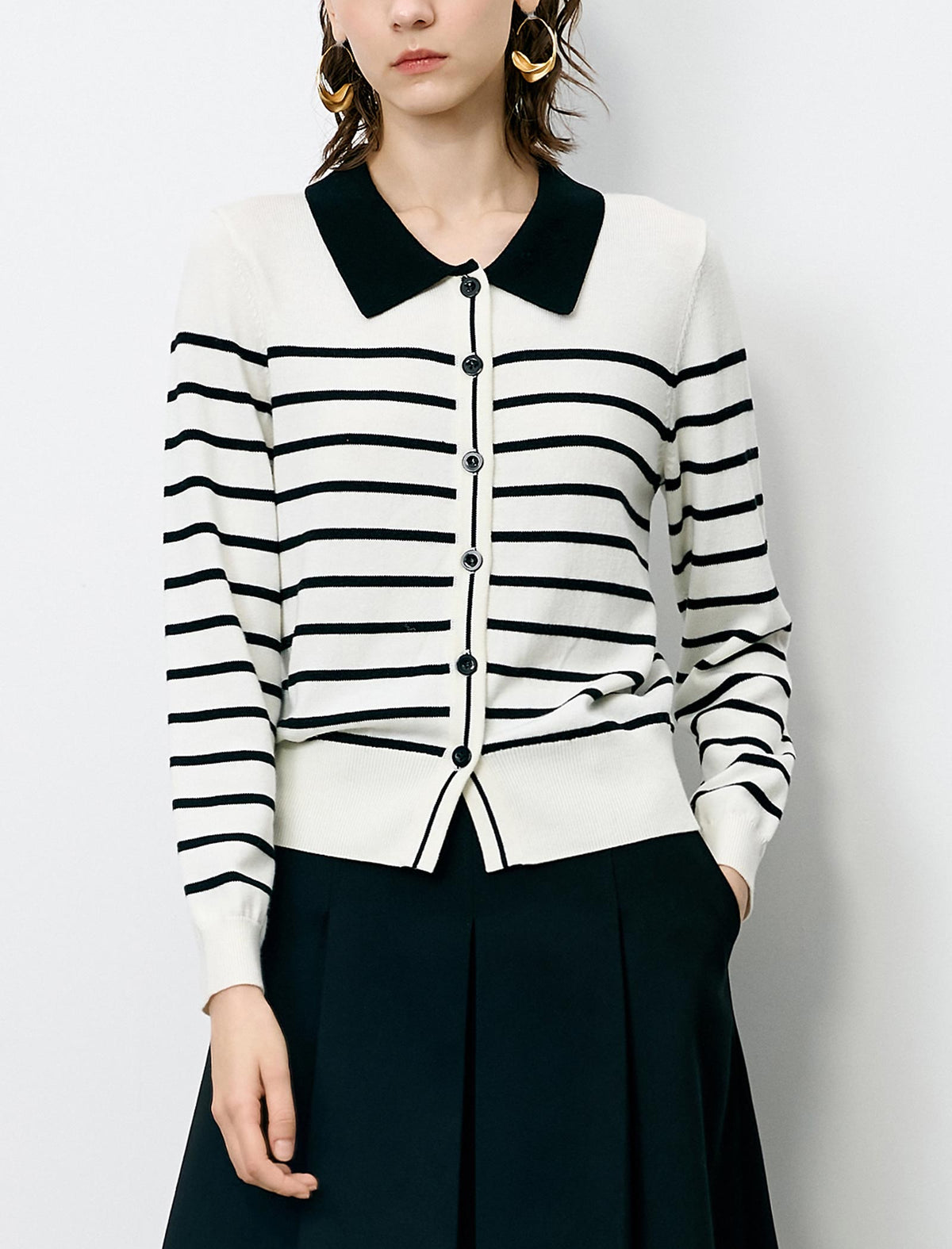 Striped Lapel Slim Fit Long-Sleeve Knit Sweater