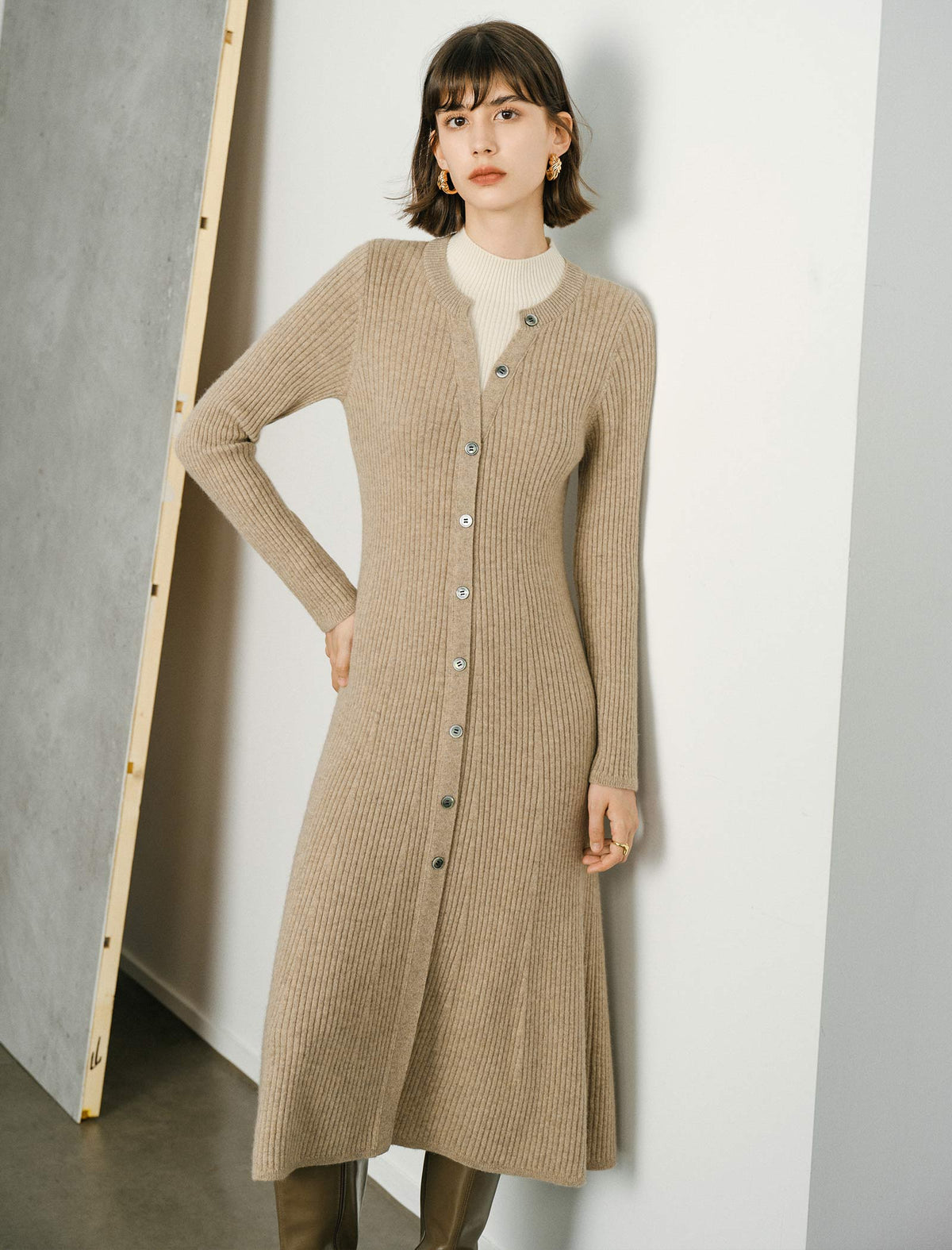 Wool Blend Long-Sleeve Button-Front Midi Dress