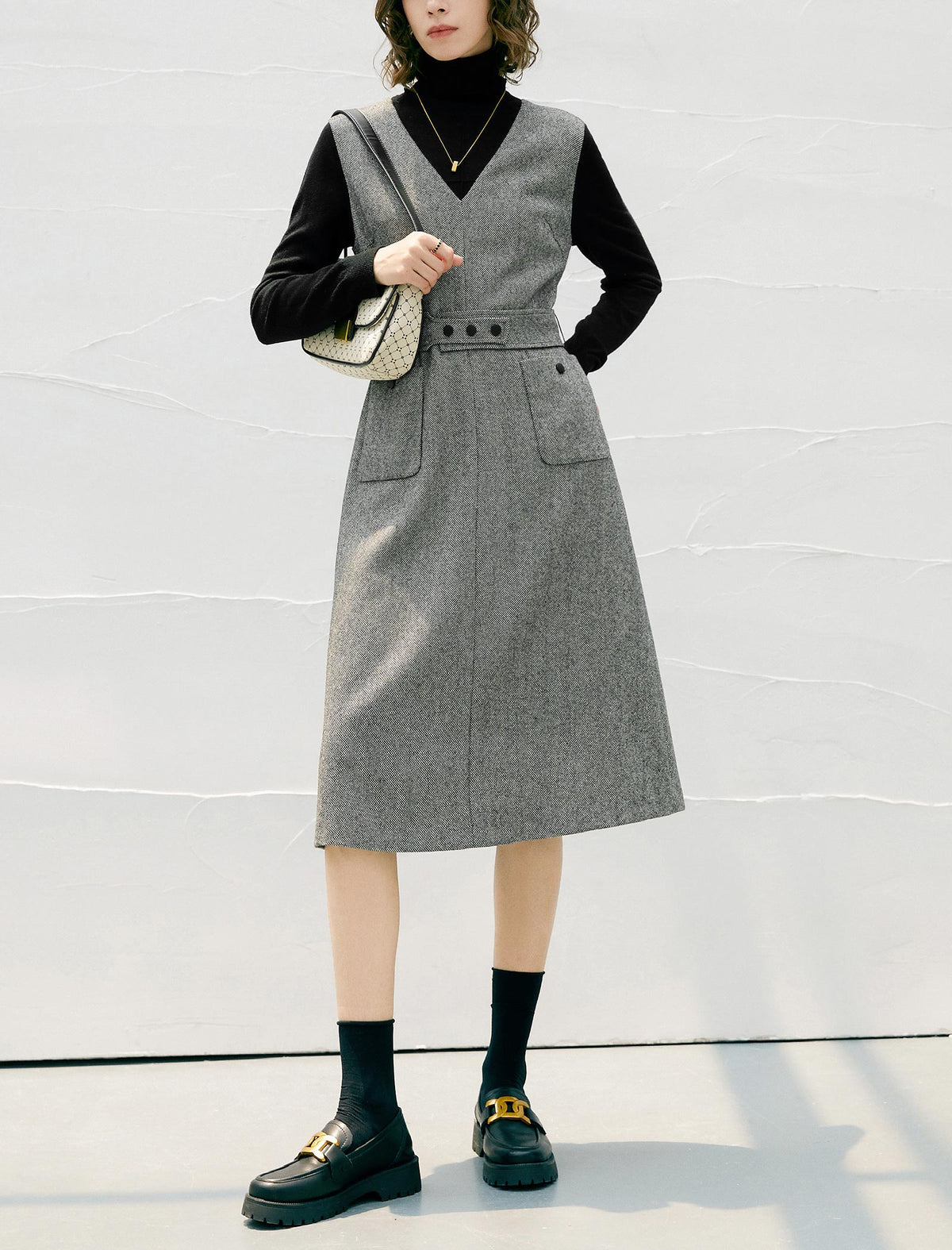 Wool V-Neck Belted Sleeveless Midi Dress