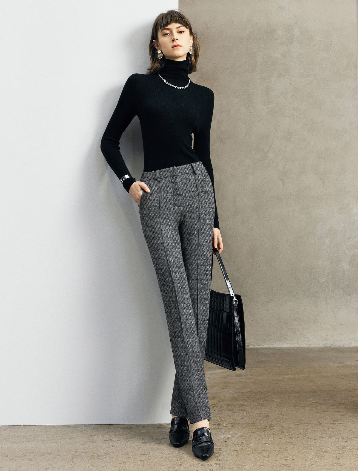 Wool Blend High-Waist Straight-Leg Pants