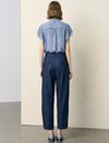 Stand‑Collared Striped Ruffle Short‑Sleeve Blouse