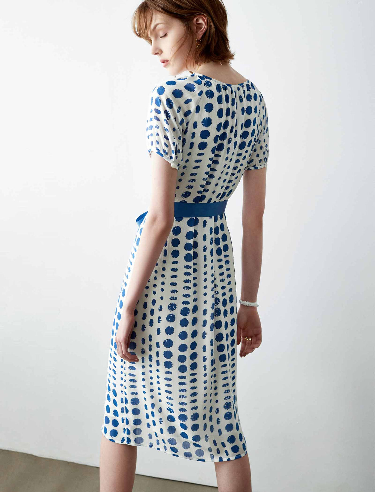 Blue Polka Dot Belted Midi Dress