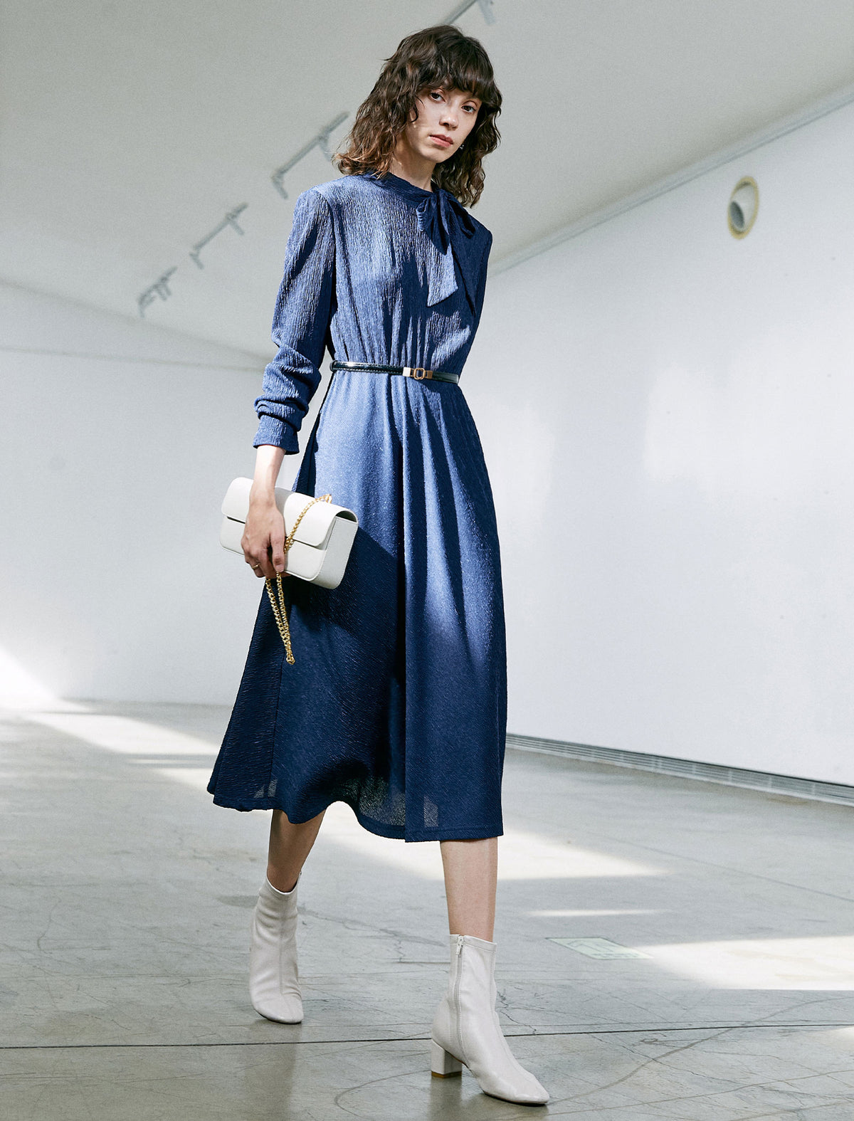 Solid Long Sleeve Belted Straight-Fit Dress