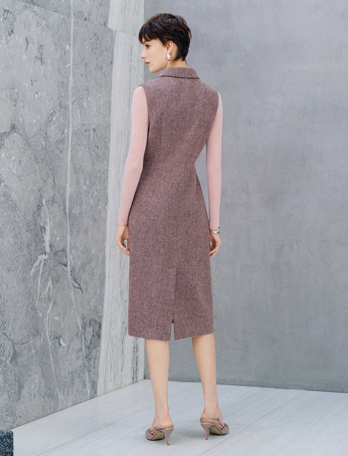 Wool Blend Double Breasted Sleeveless Vest Midi Dress
