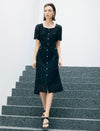 Black Lace Pearl Button Midi Dress