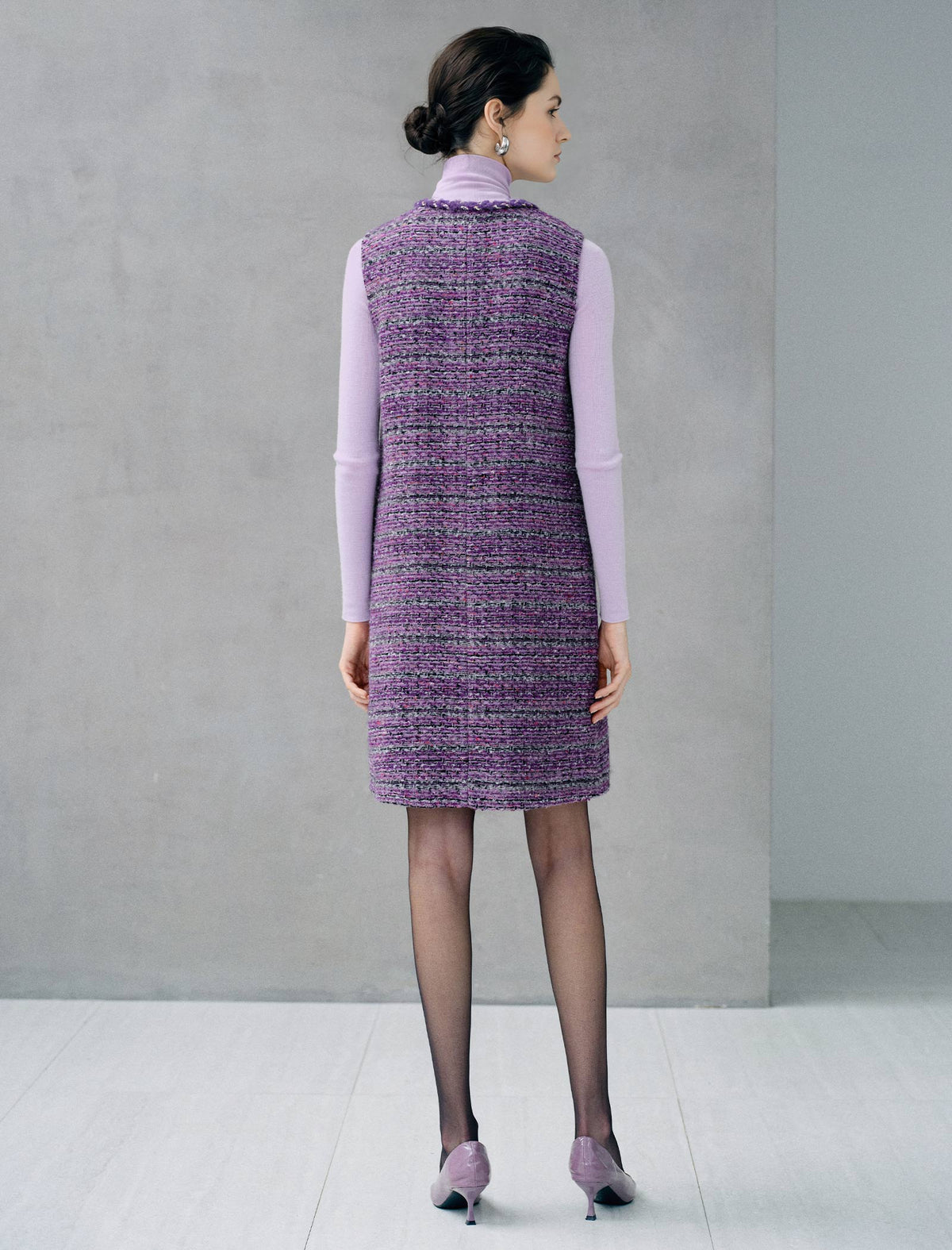 Wool Blend Textured Button-Front Sleeveless Straight Midi Dress
