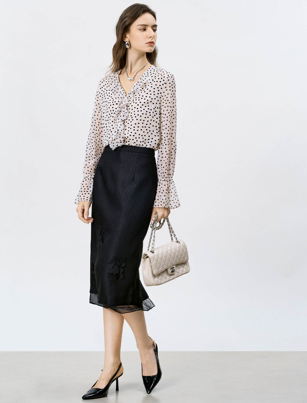 Black Polka Dot Ruffled Chiffon Blouse