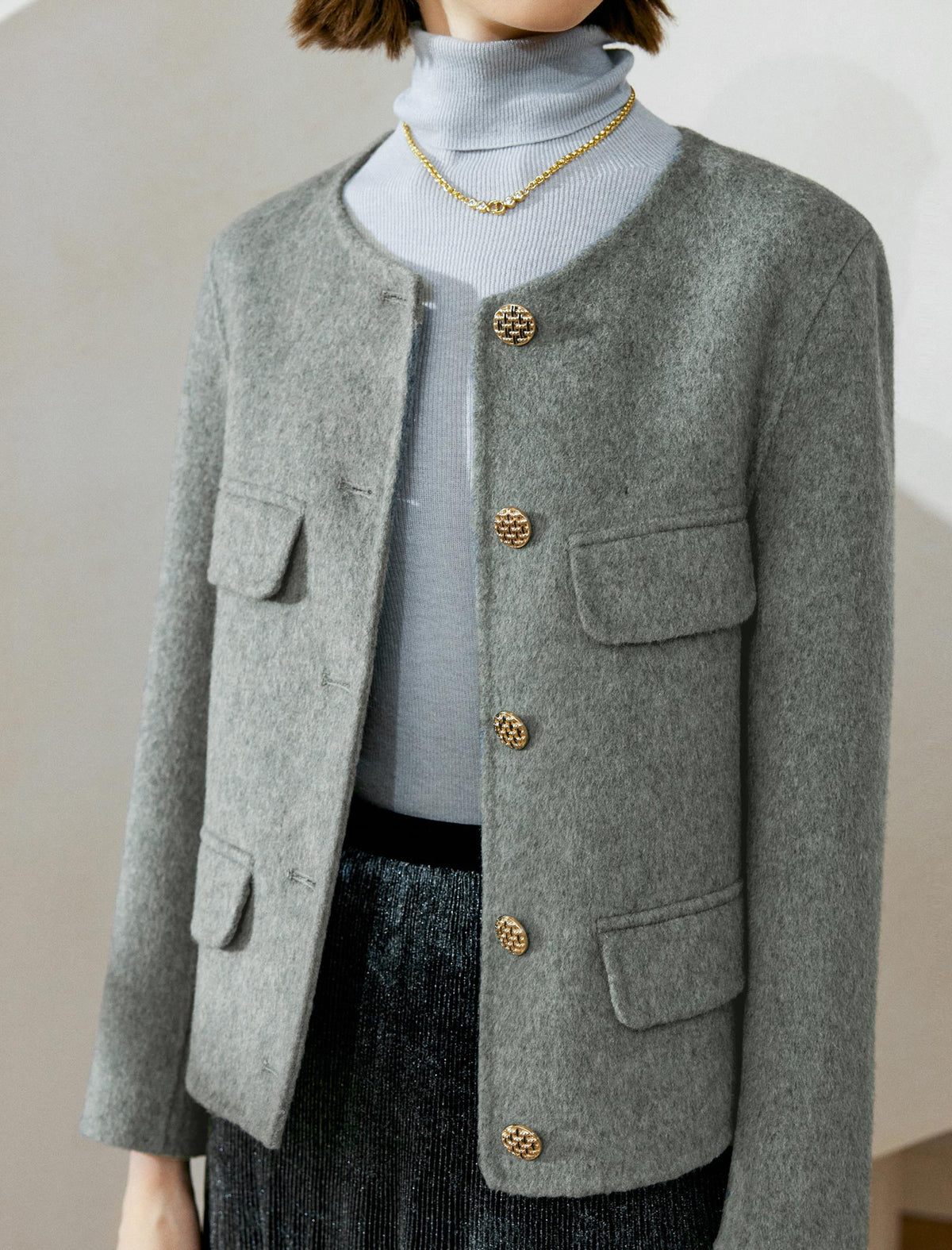 Wool Decorative Pockets Cropped Coats