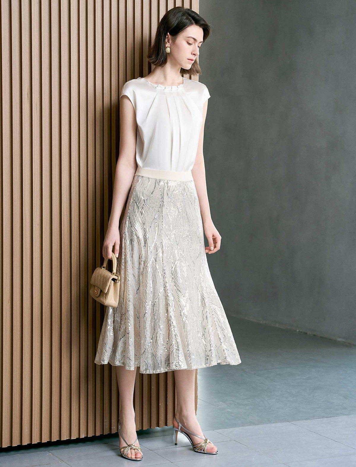Champagne Wavy Sequin Midi Flare Skirt