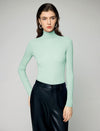 Wool Blend Fine Knit Ruched Turtleneck Long Sleeve Top