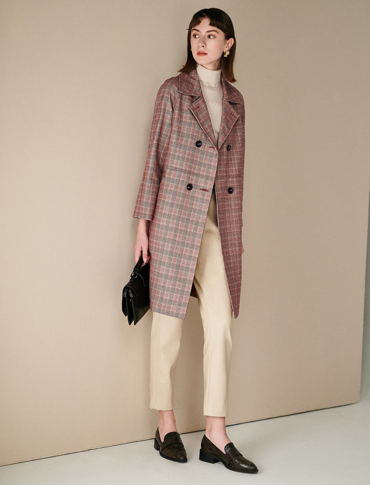 Plaid Collared Raglan-Sleeve Double-Breasted Trench Coat