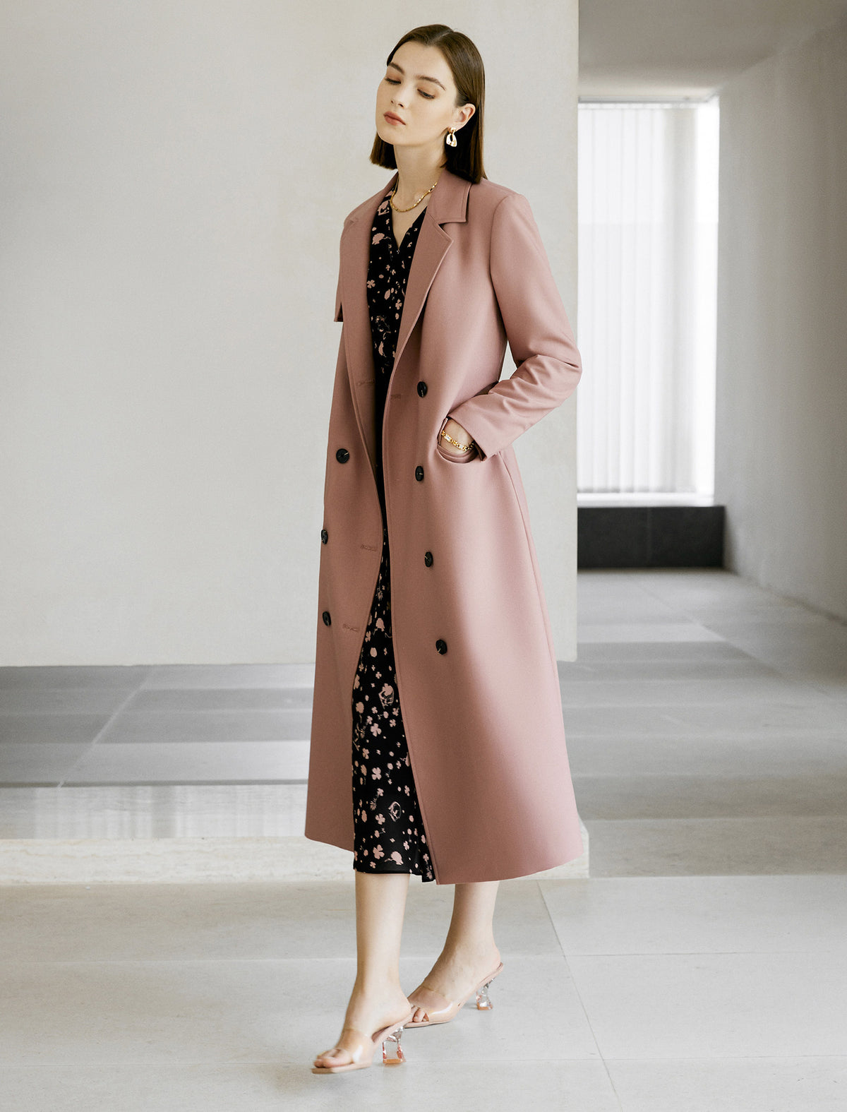 Gathered Waist Double-Breasted Trench Coat