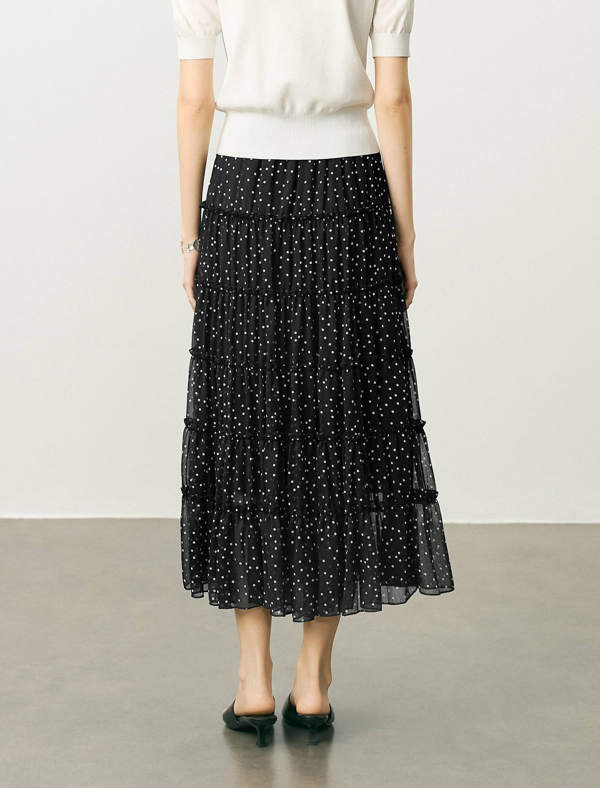 Chiffon Black Polka Dot Tiered Midi Skirt