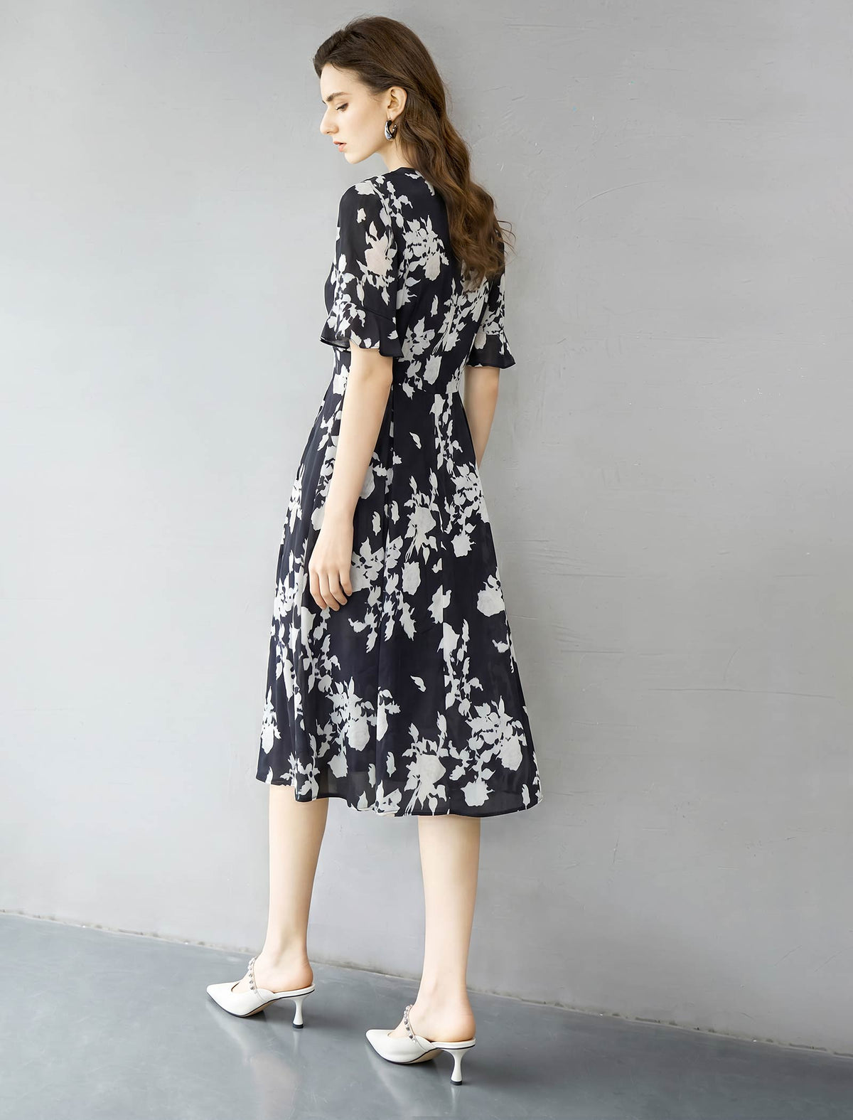 Black Base White Floral Silk Midi Dress
