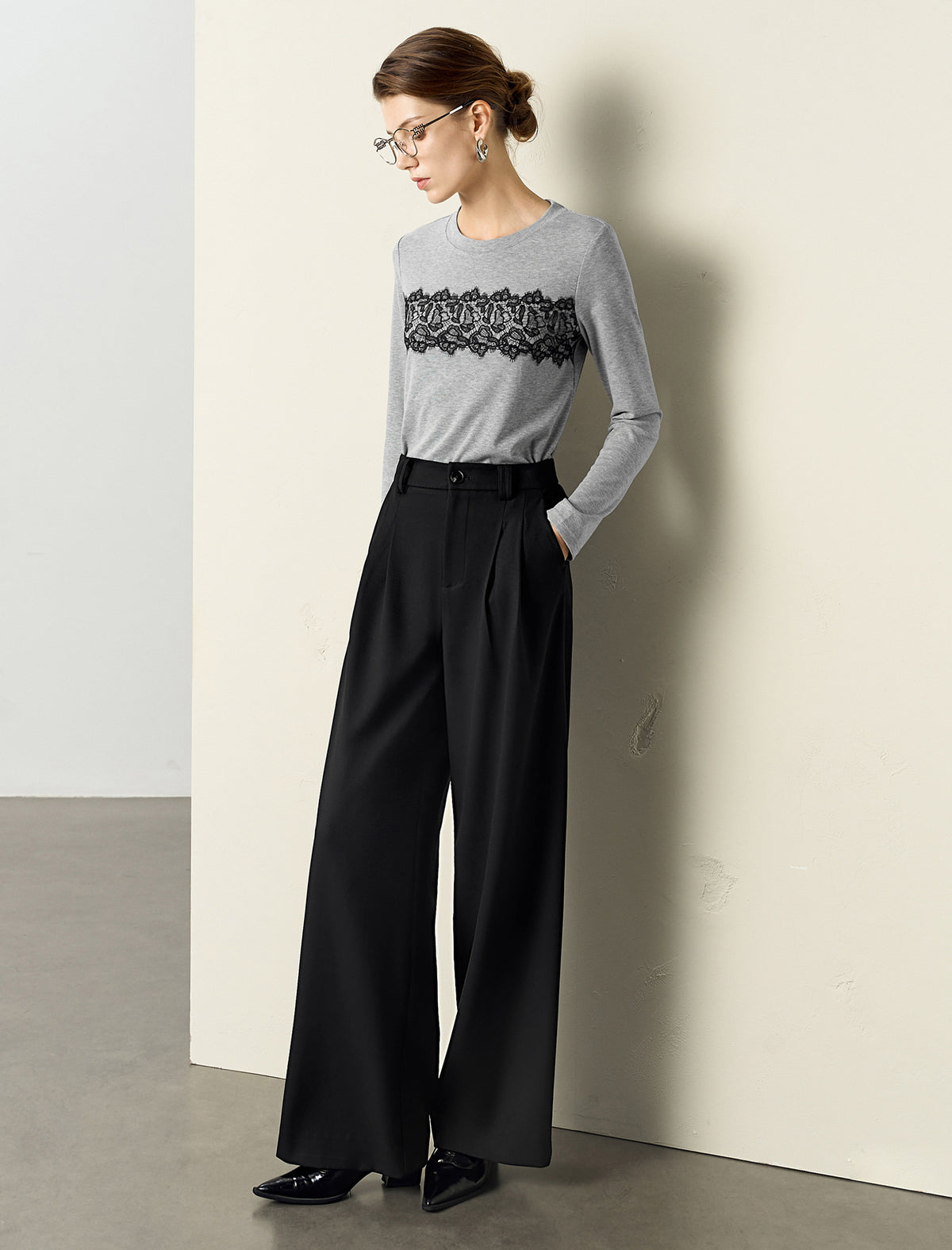 Lace Patchwork Long Sleeve Crew Neck Top