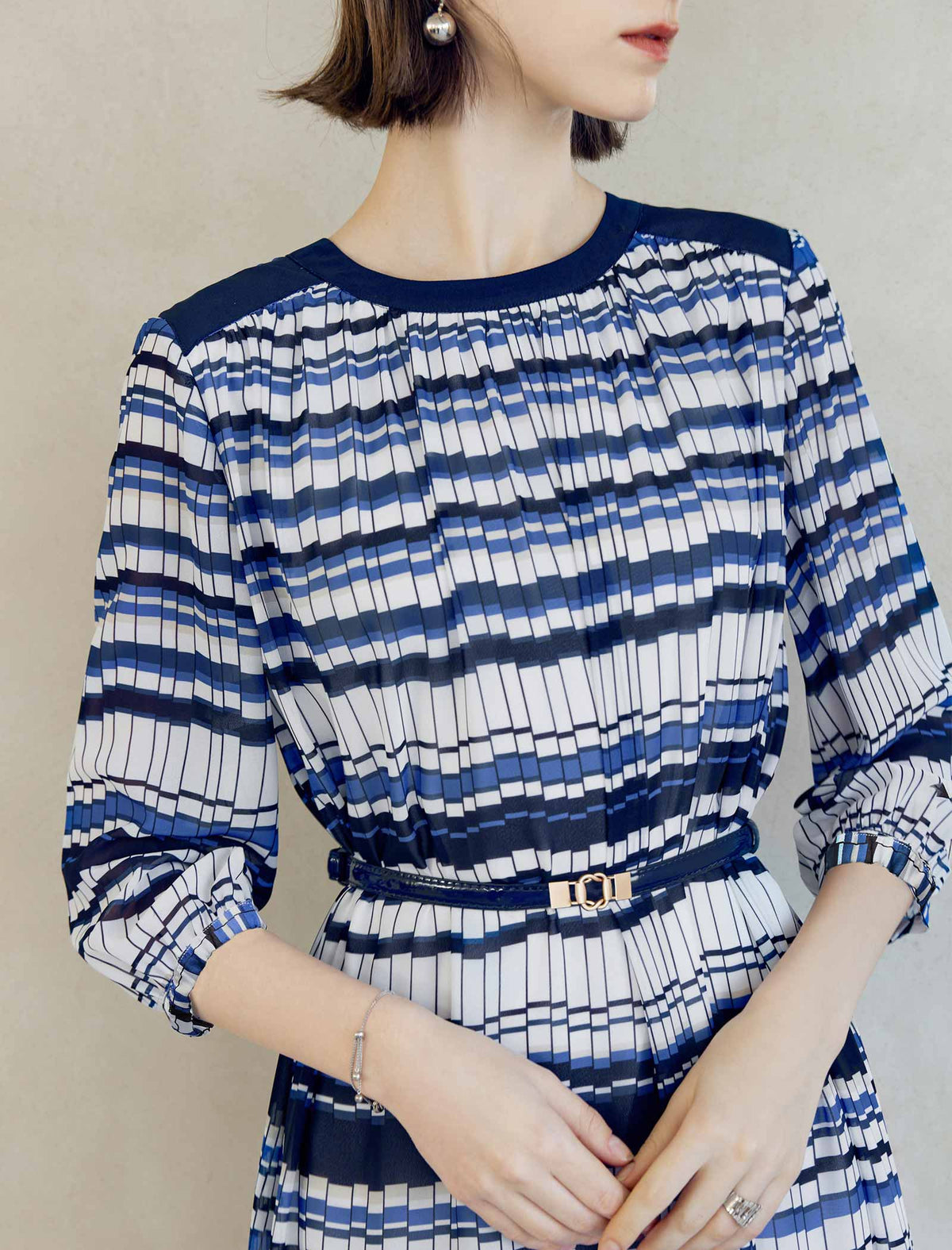 Blue Geometric Stripe 3/4 Sleeve Midi Dress