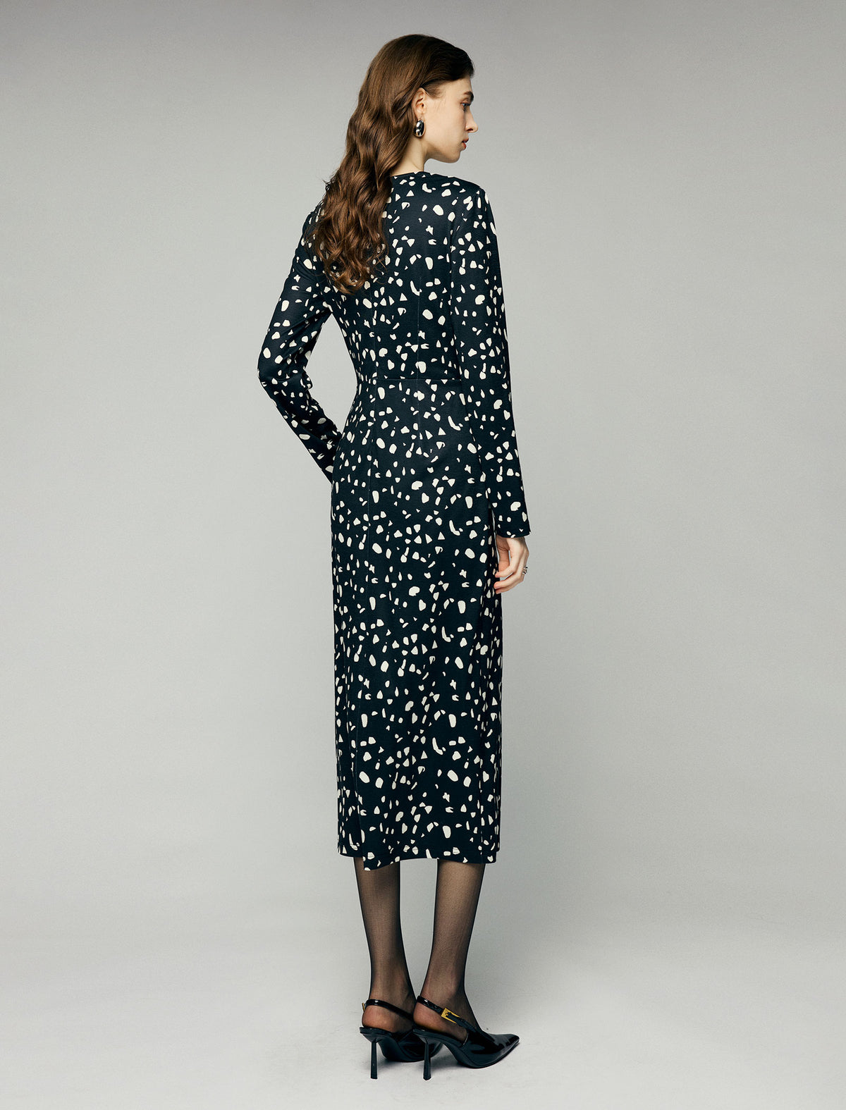 Abstract Dot Print V-Neck Ruched-Waist Long Sleeve Wrap Midi Dress