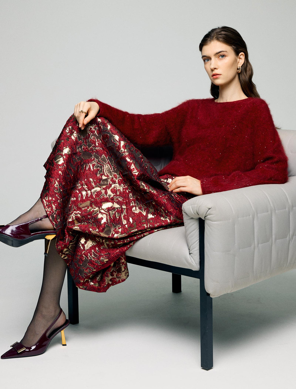 Wool and Mulberry Silk Blend Sequin Crewneck Relaxed Sweater