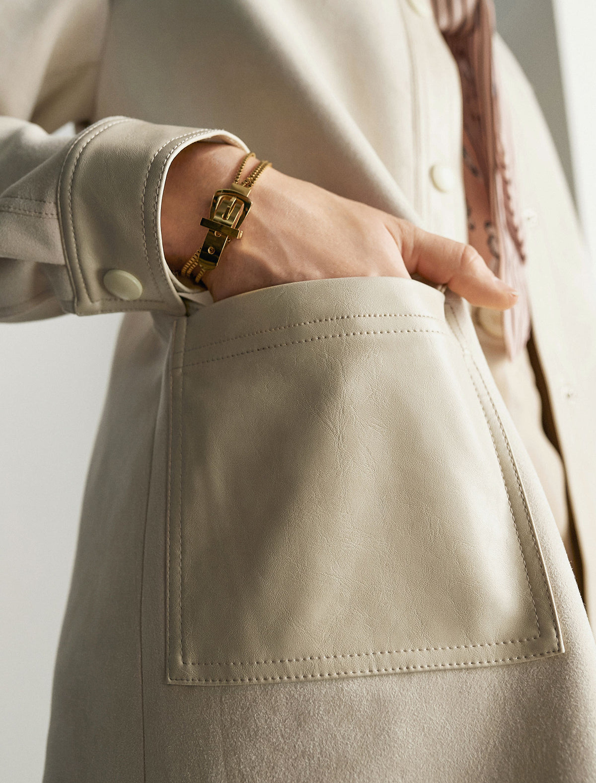 Beige PU Leather Pocket Detail Trench Coat