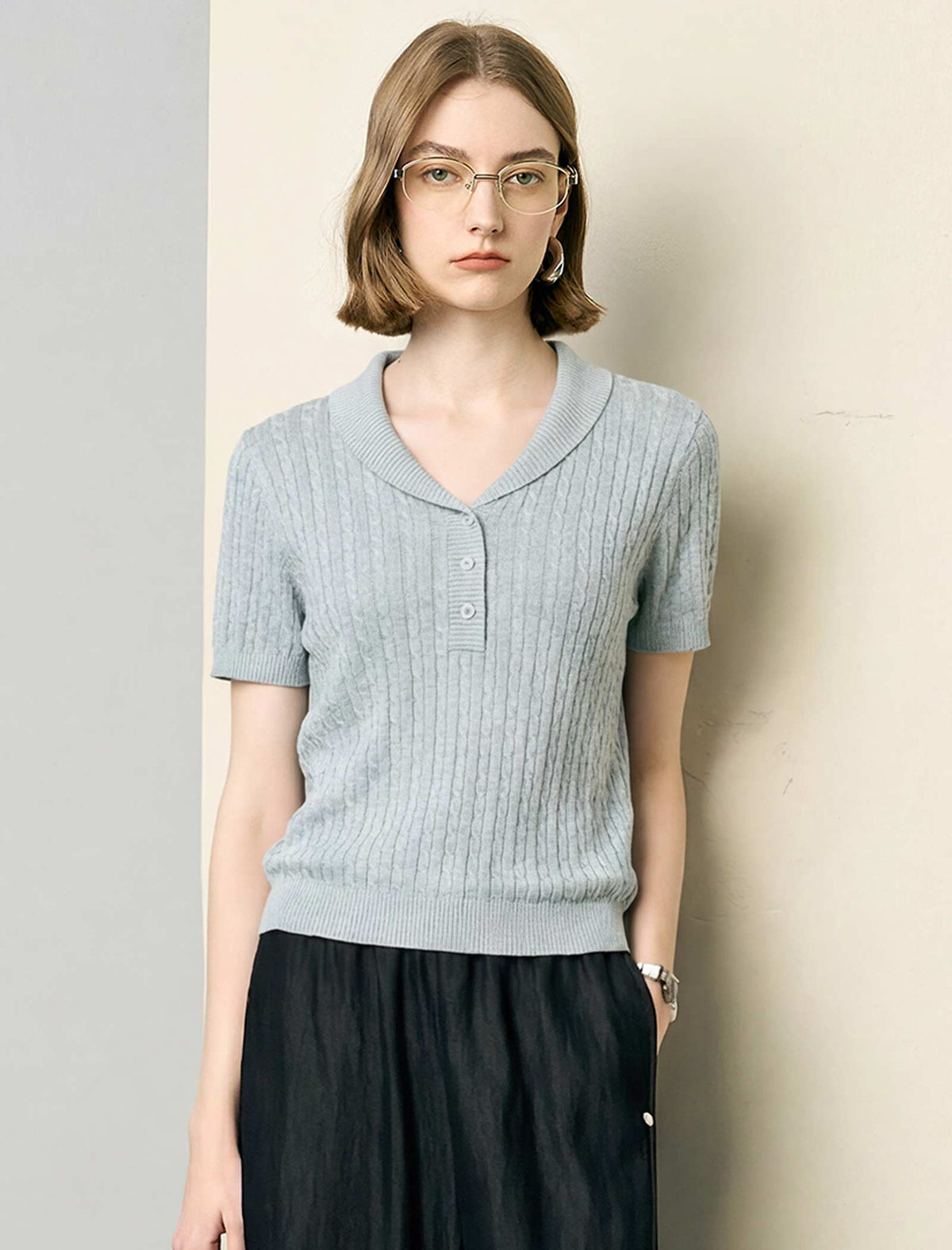 Cable Knit Short-Sleeve Polo Top