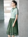Two-Tone Green Lace Polo Collar Pleated Midi Dress