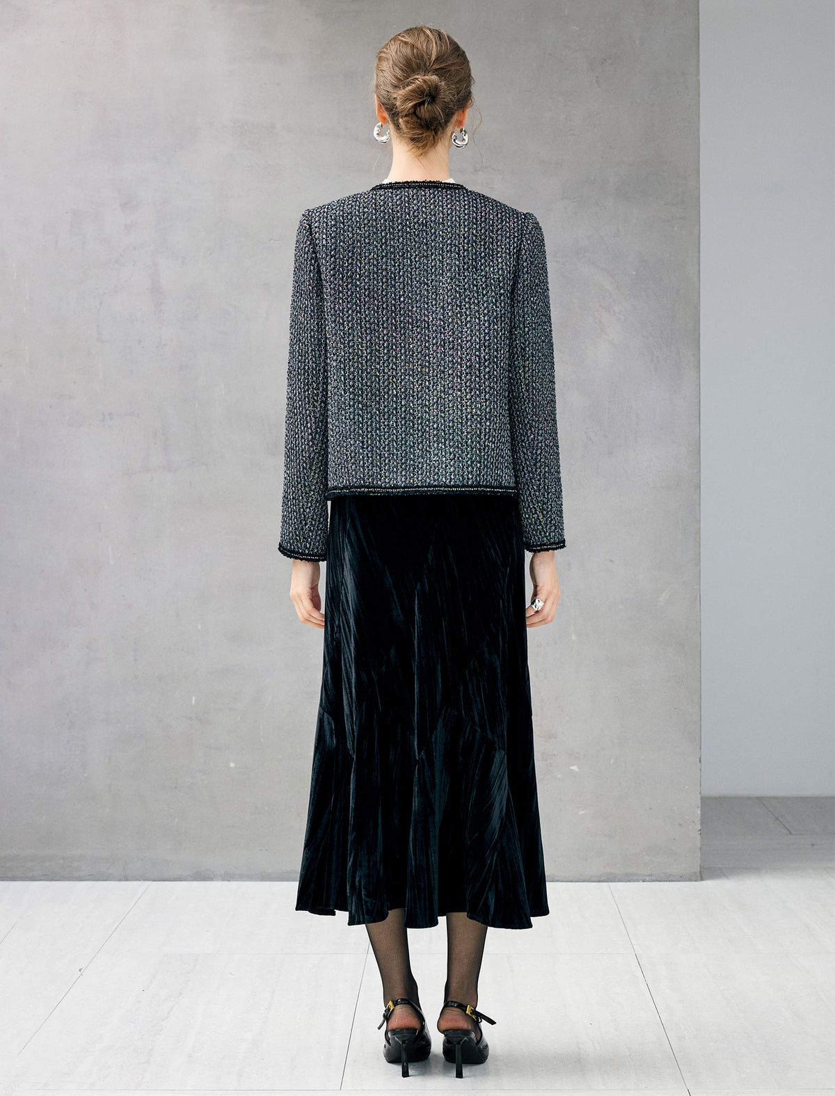Wool Blend Braided-Trim Crewneck Pearl-Button Cropped Jacket