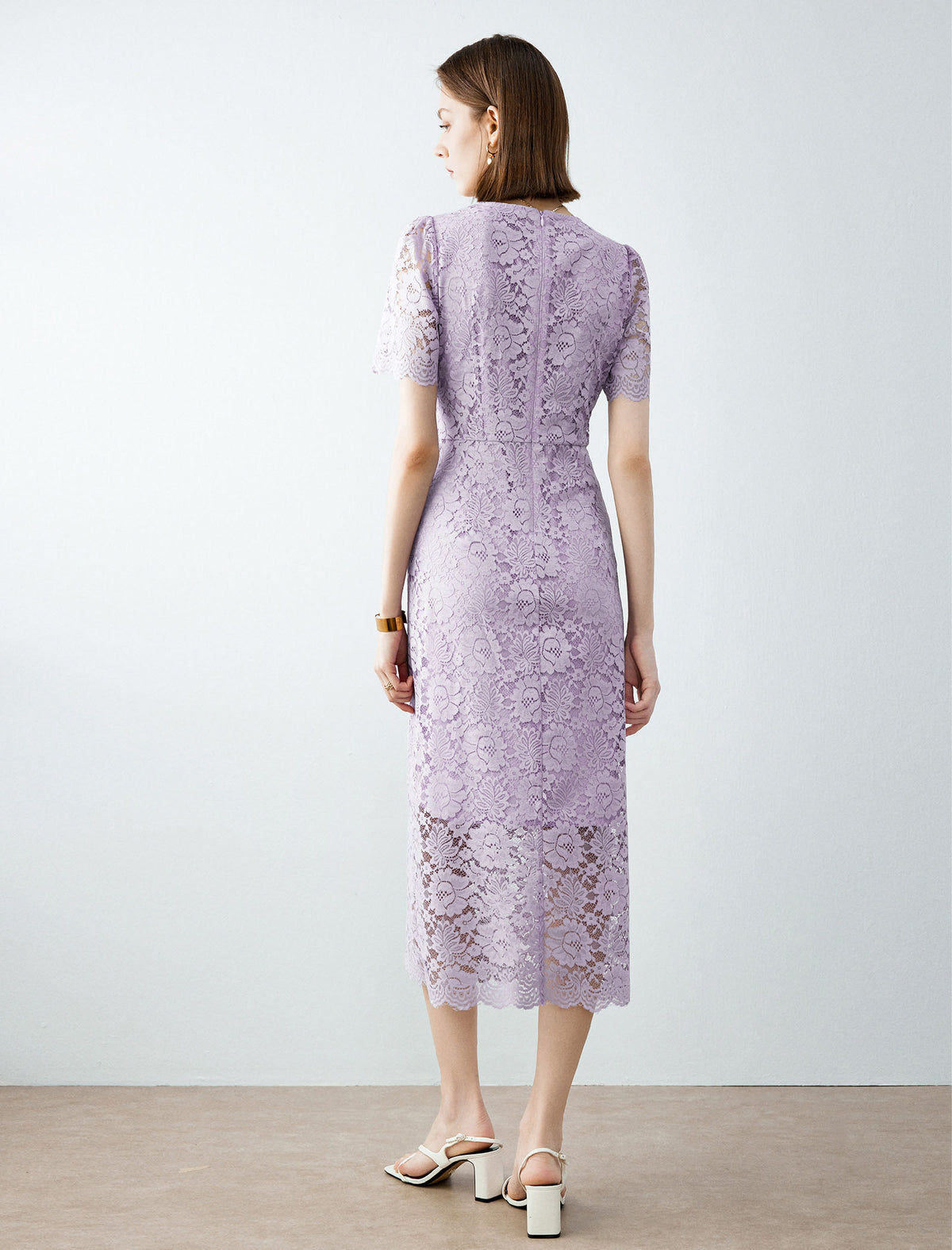 V-Neck Lilac Lace Midi Dress