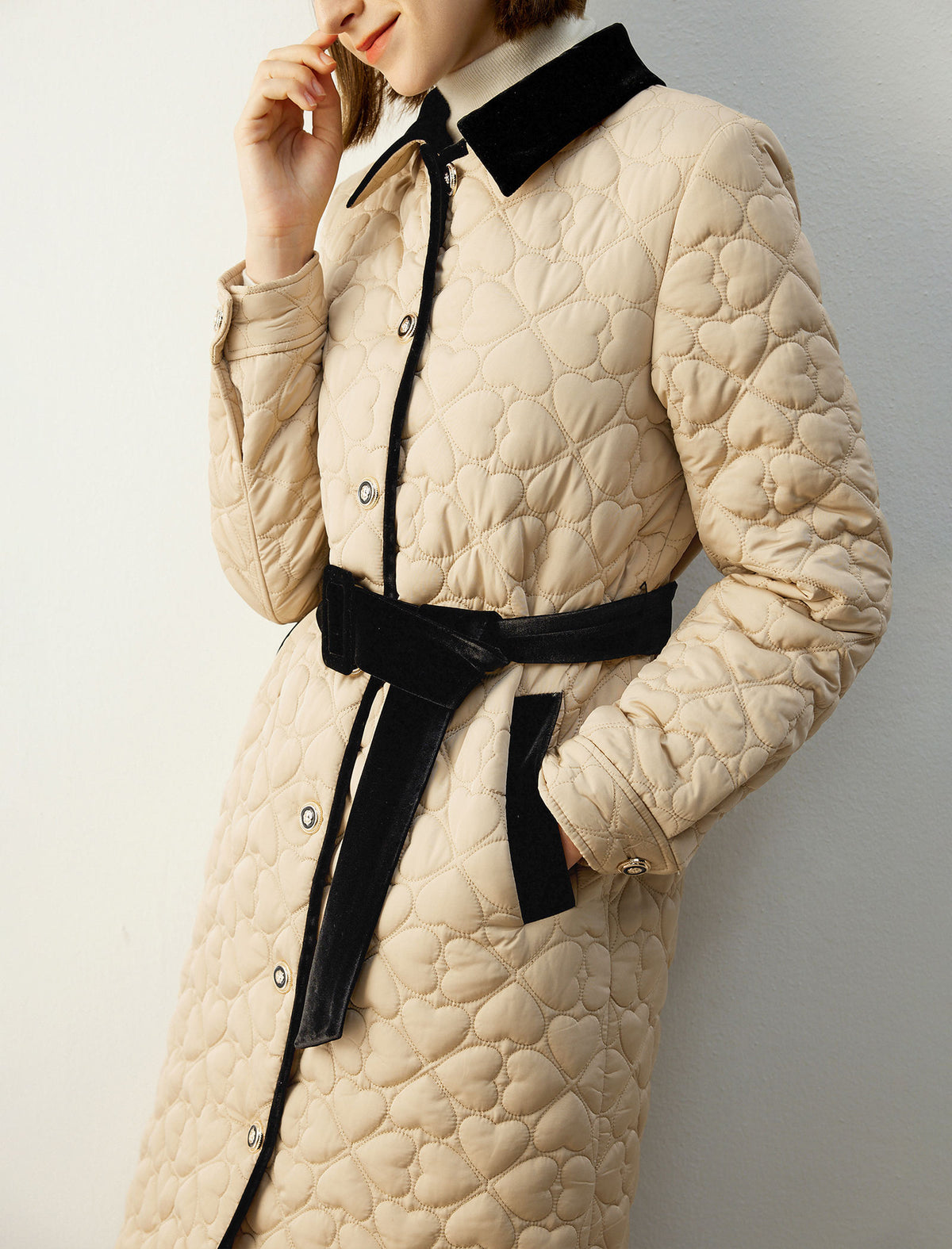 Velvet-Trim Collared Button-Front Belted Quilted Coat