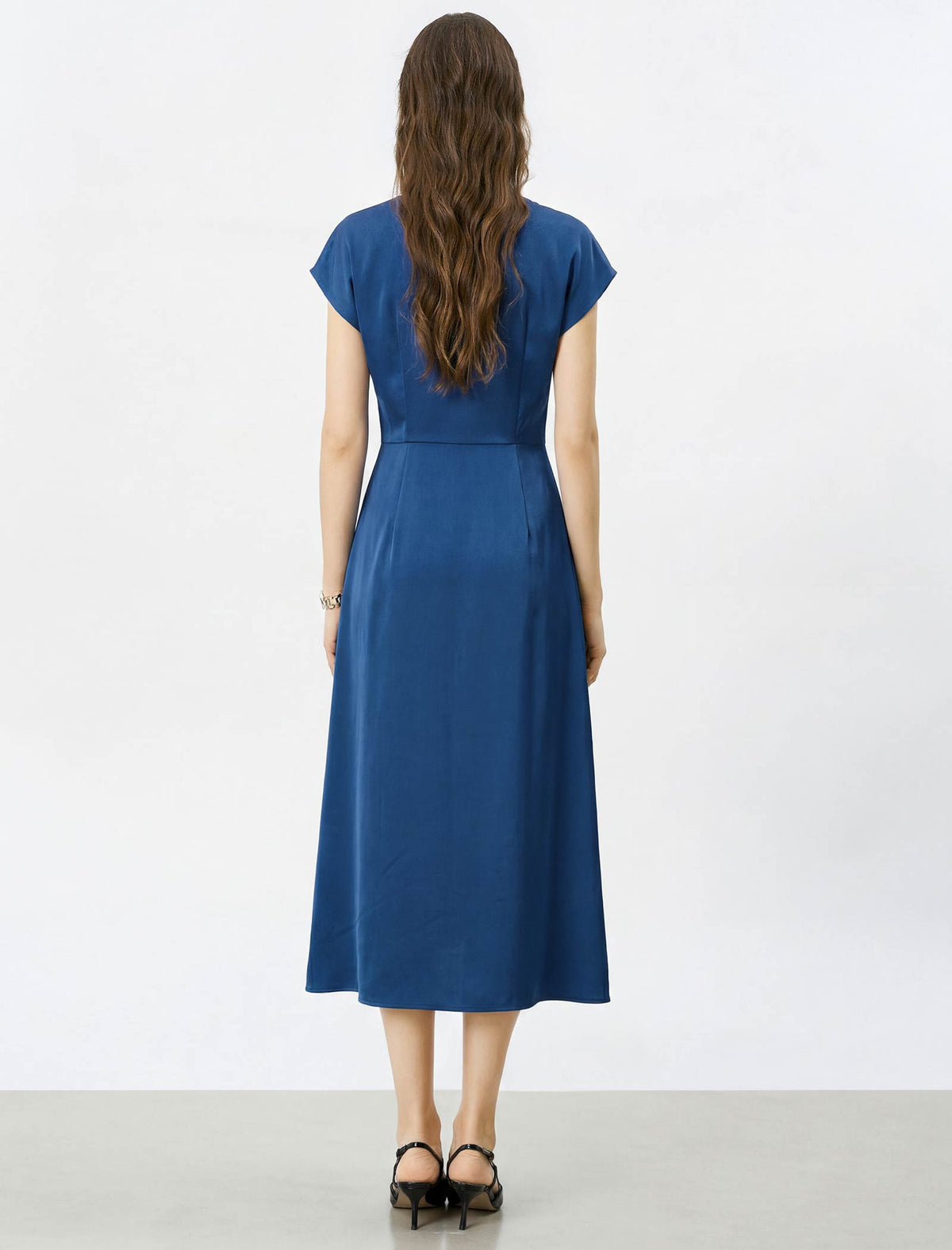 Satin Cap Sleeve Twist Waist Midi Shirt Dress