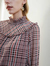 Plaid Ruffled Mock-Neck Blouse