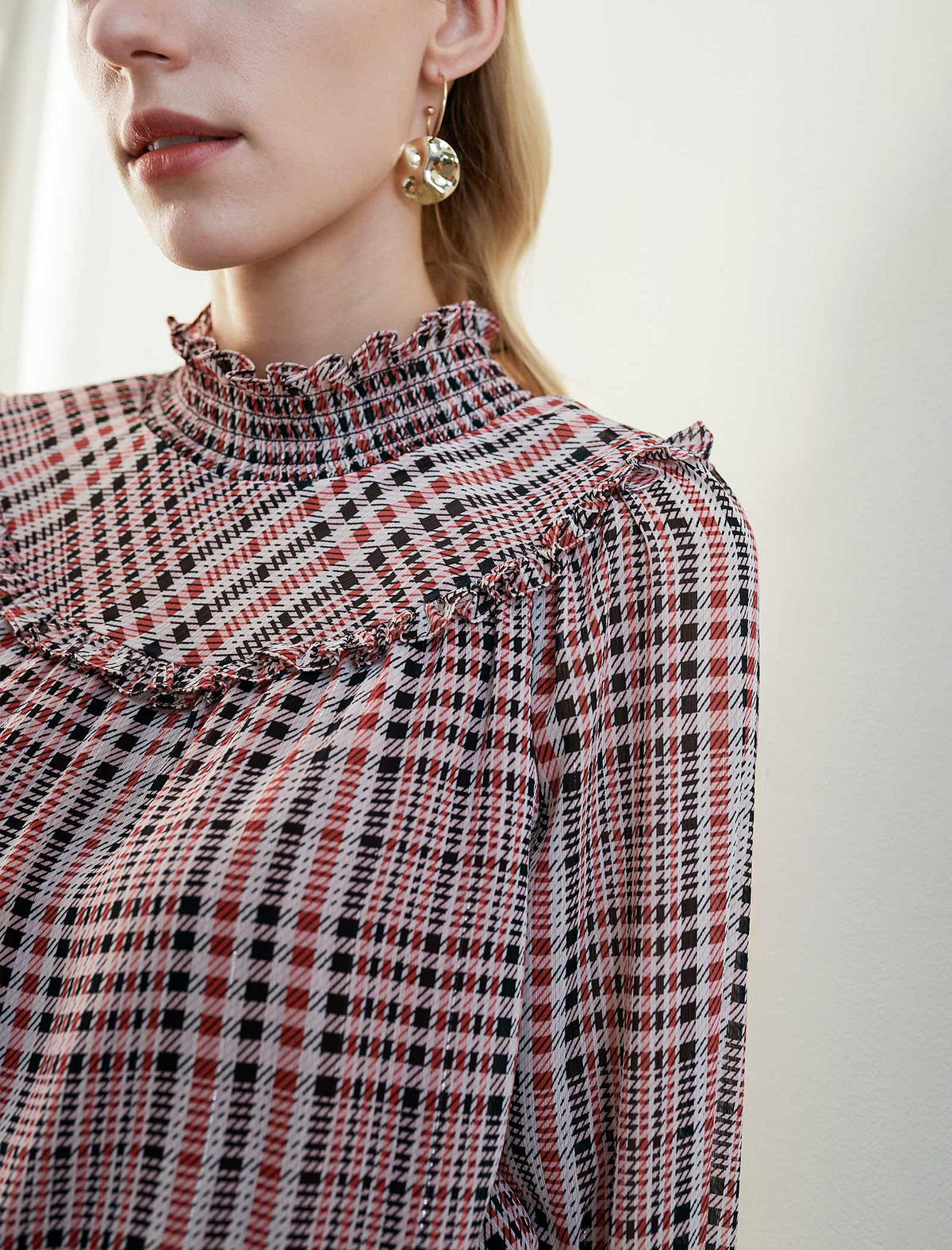 Plaid Ruffled Mock-Neck Blouse