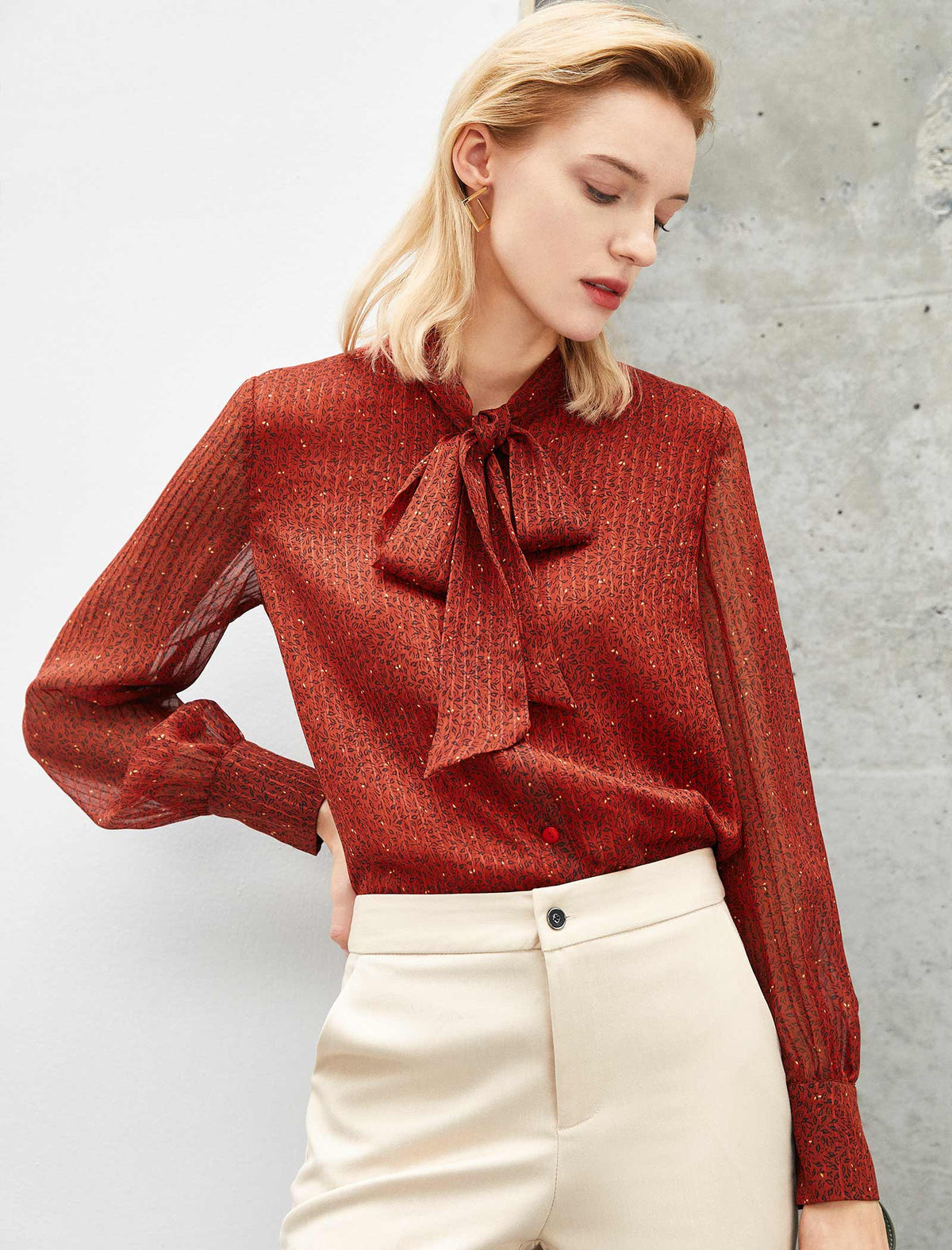 Rust Red Ditsy Print Bow Neck Blouse