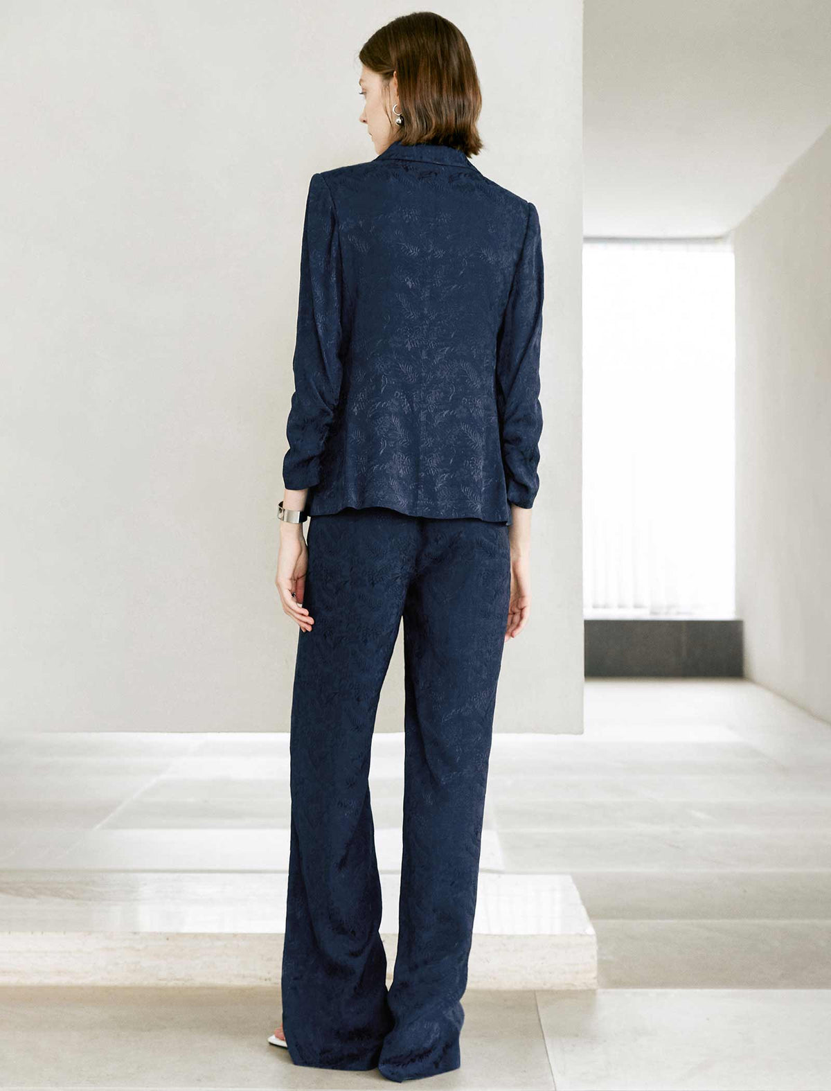 Navy Textured Wide-Leg Pants