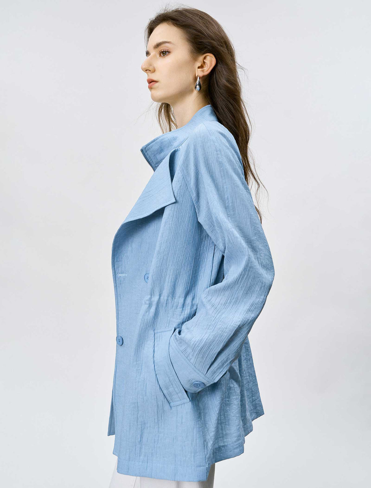 Light Blue Drawstring Waist Double Breasted Mid Length Trench Jacket