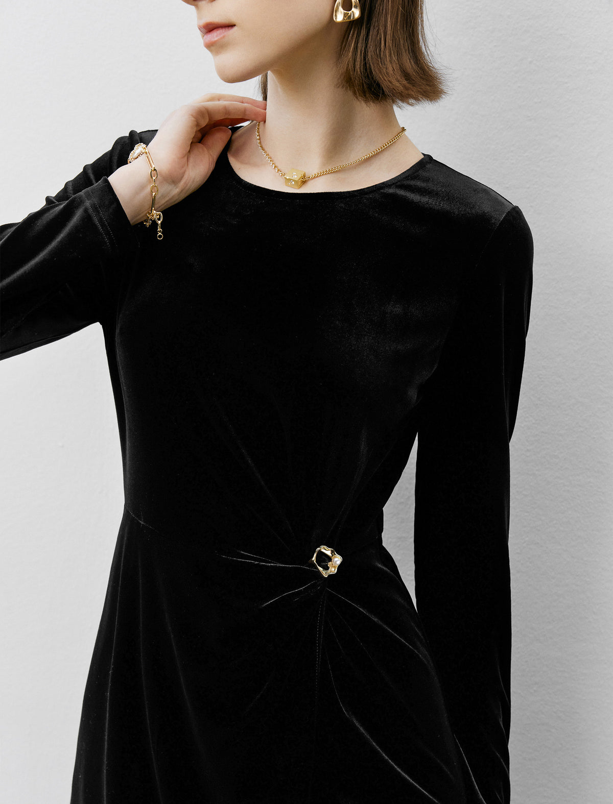 Black Velvet Irregular Hem Long Sleeve Midi Dress