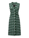Green Plaid Tweed Sleeveless Midi Dress