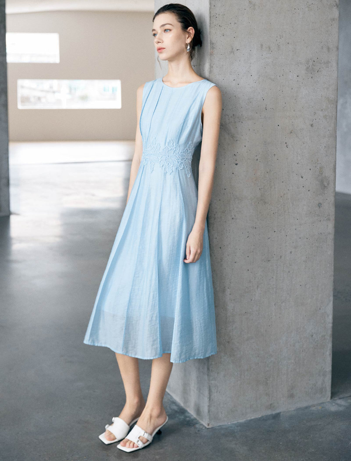Tencel Sleeveless Lace-Waist Midi Dress
