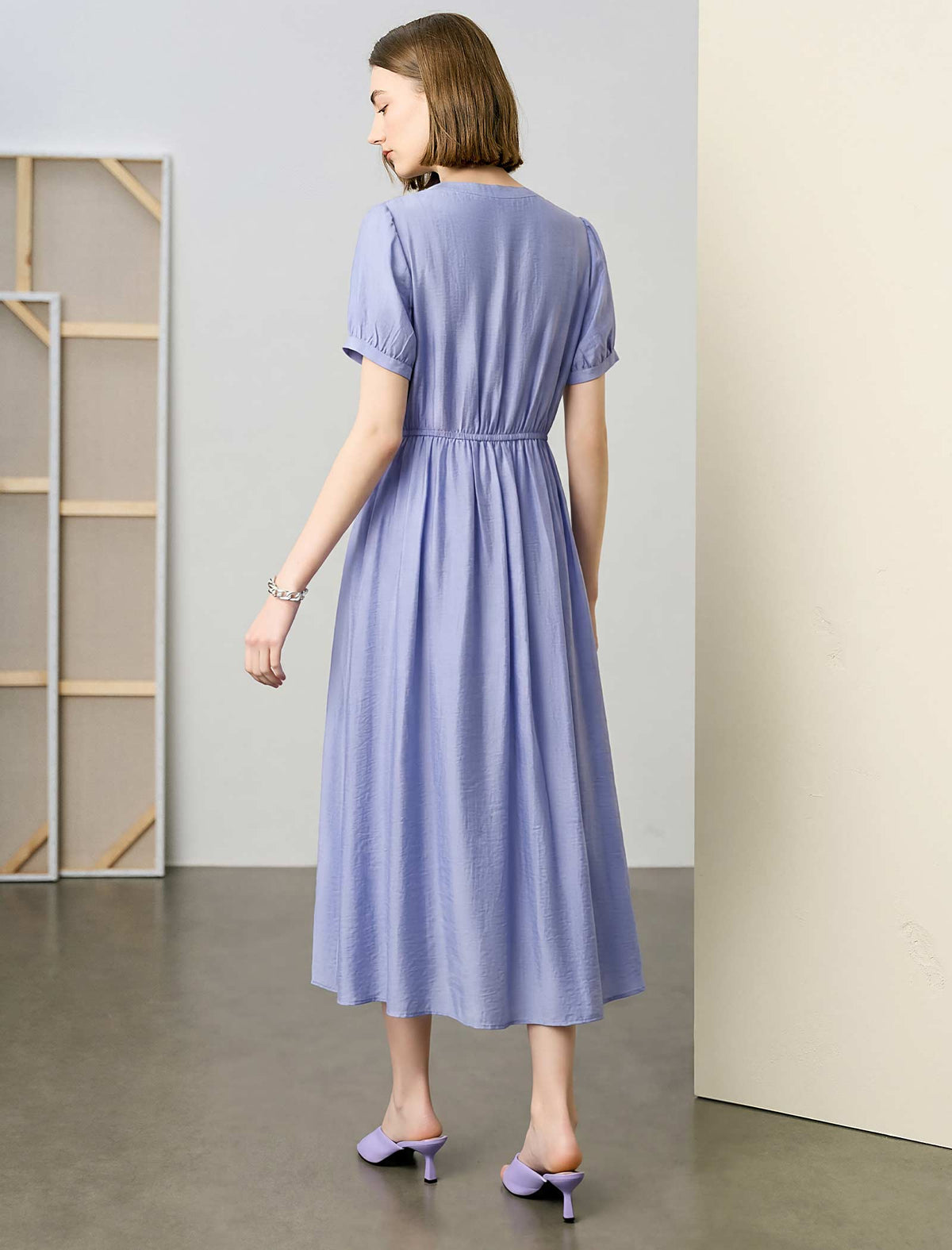 Drawstring Waist Midi Swing Dress with Button Placket
