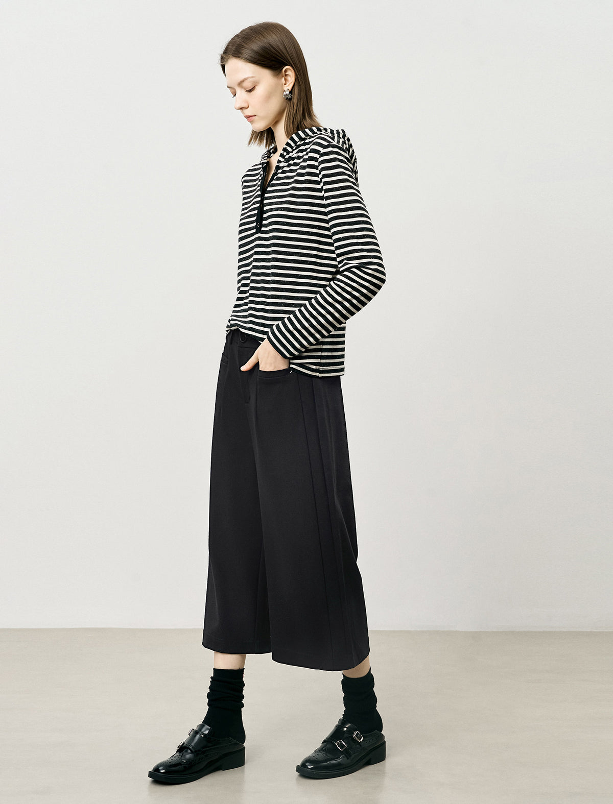 Stripe Long-Sleeve Hooded Henley Top
