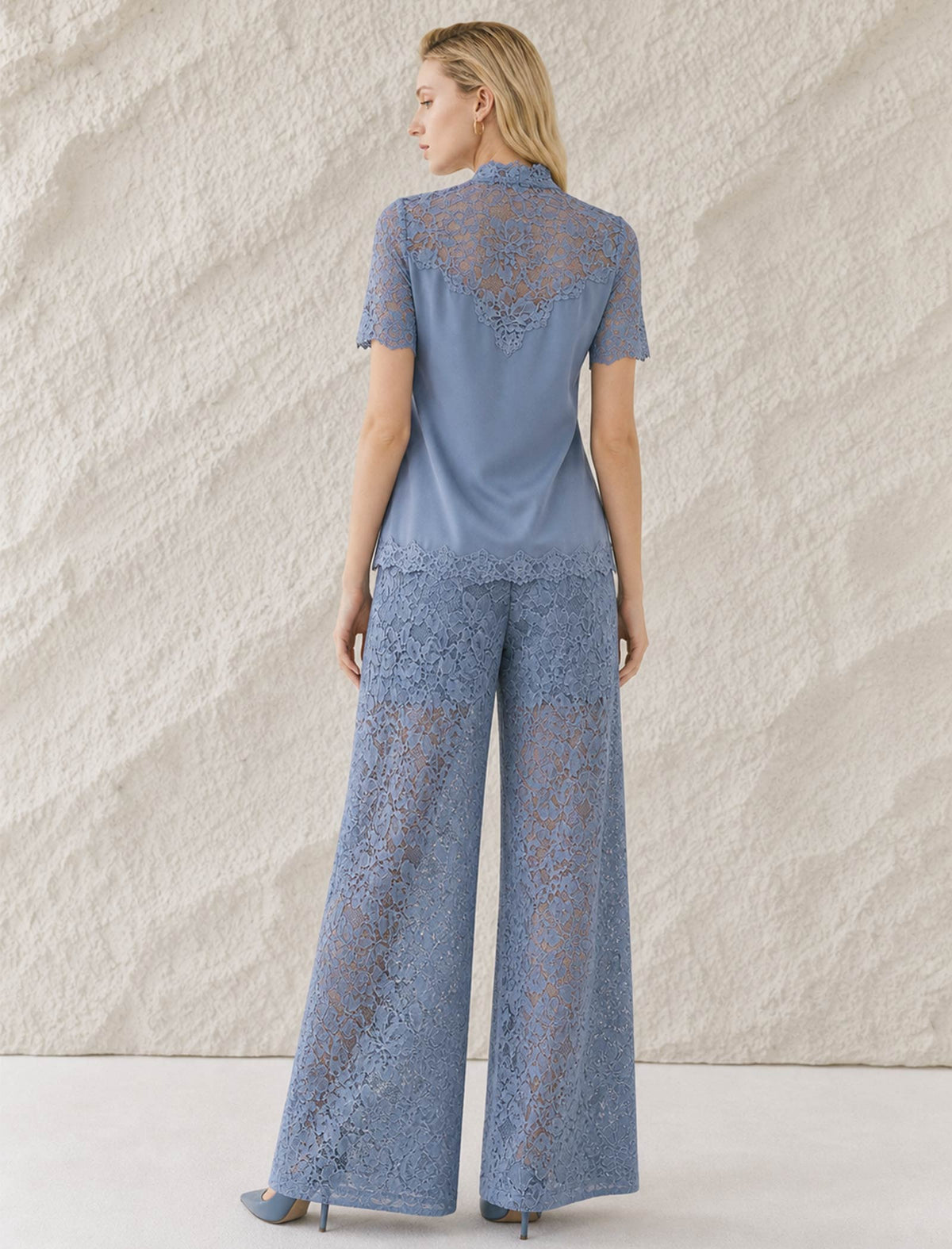 Dusty Blue High Neck Lace Panel Short Sleeve Blouse