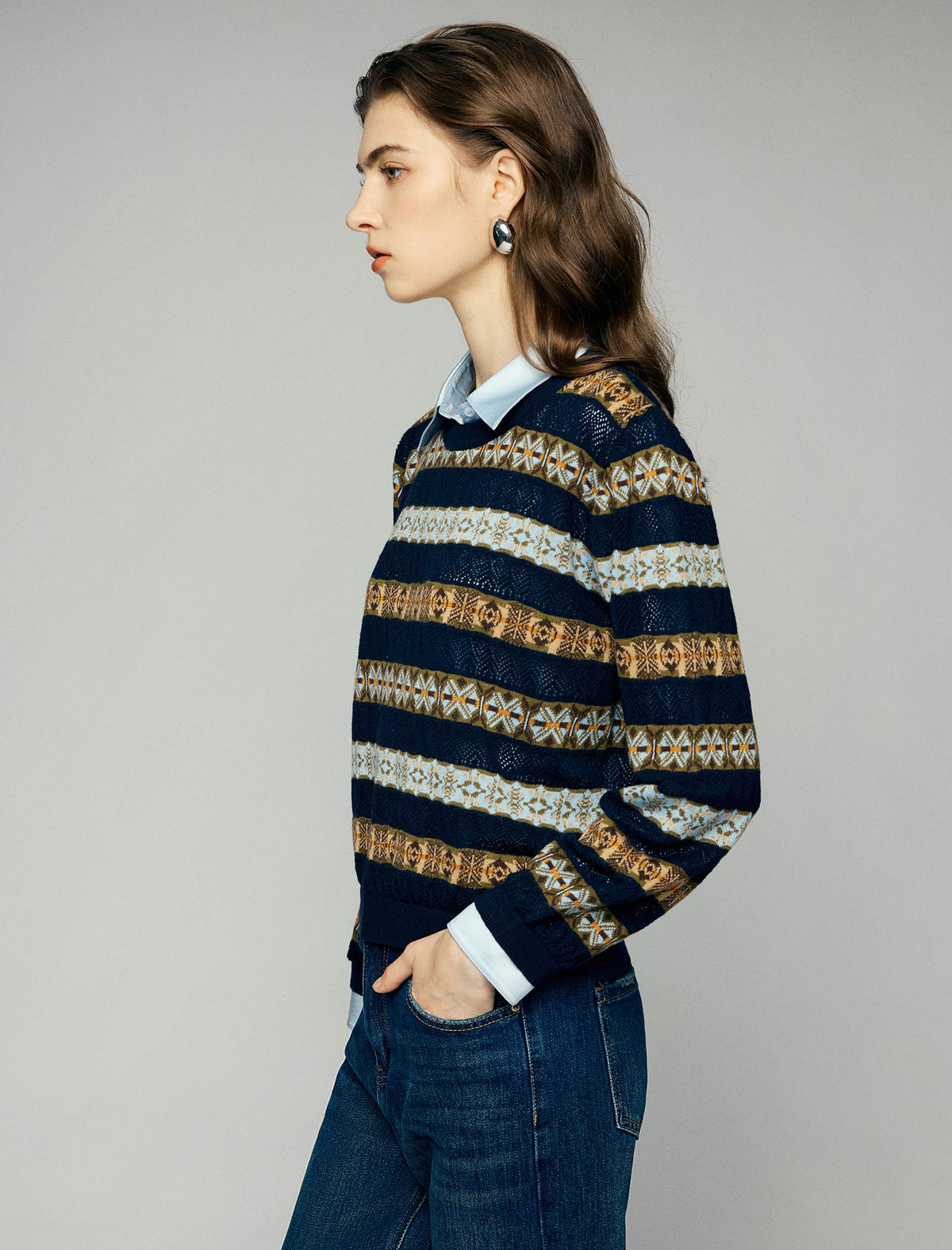 Wool Blend Geometric Stripe Crewneck Sweater