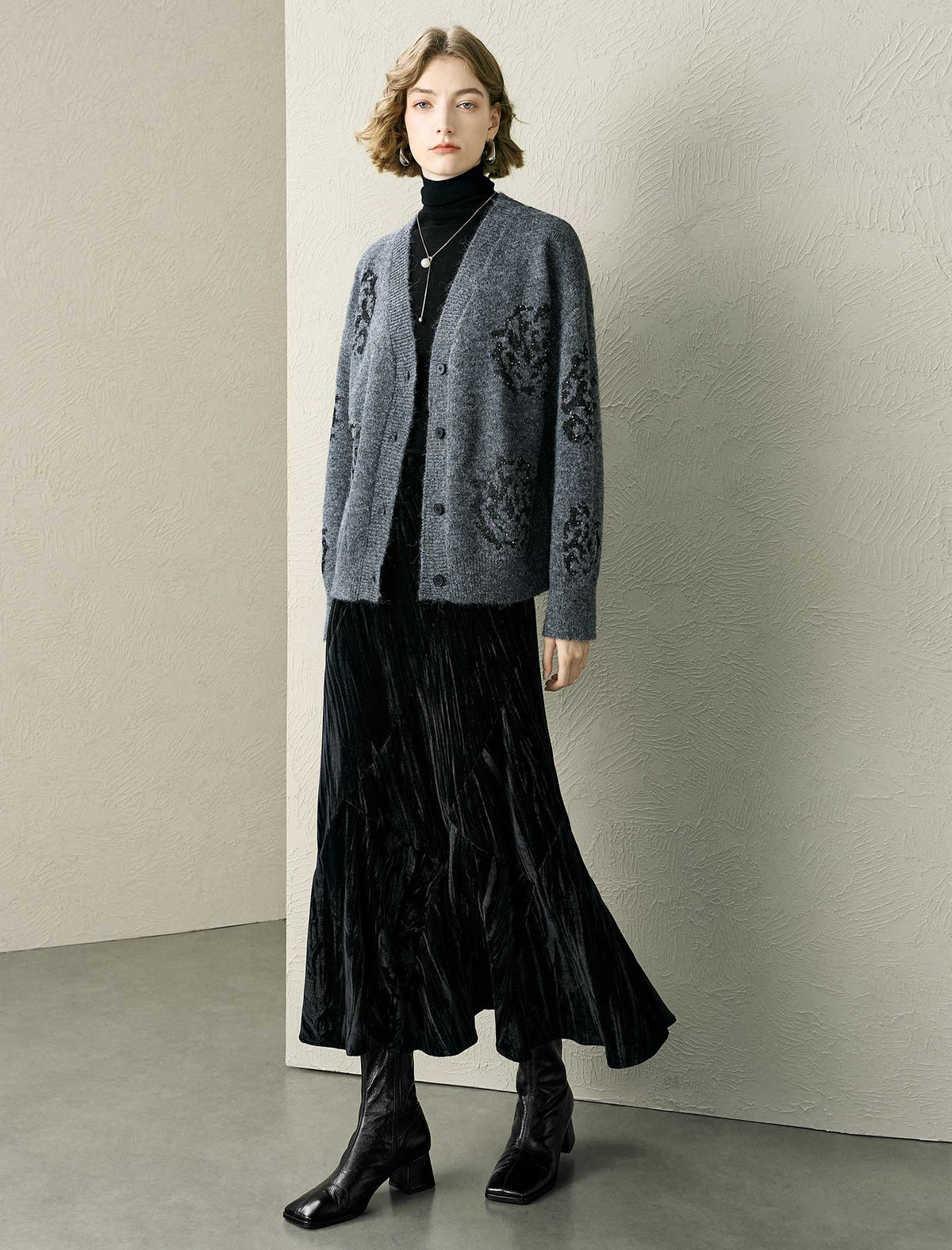 Wool-Blend Sequin Embellished Cardigan