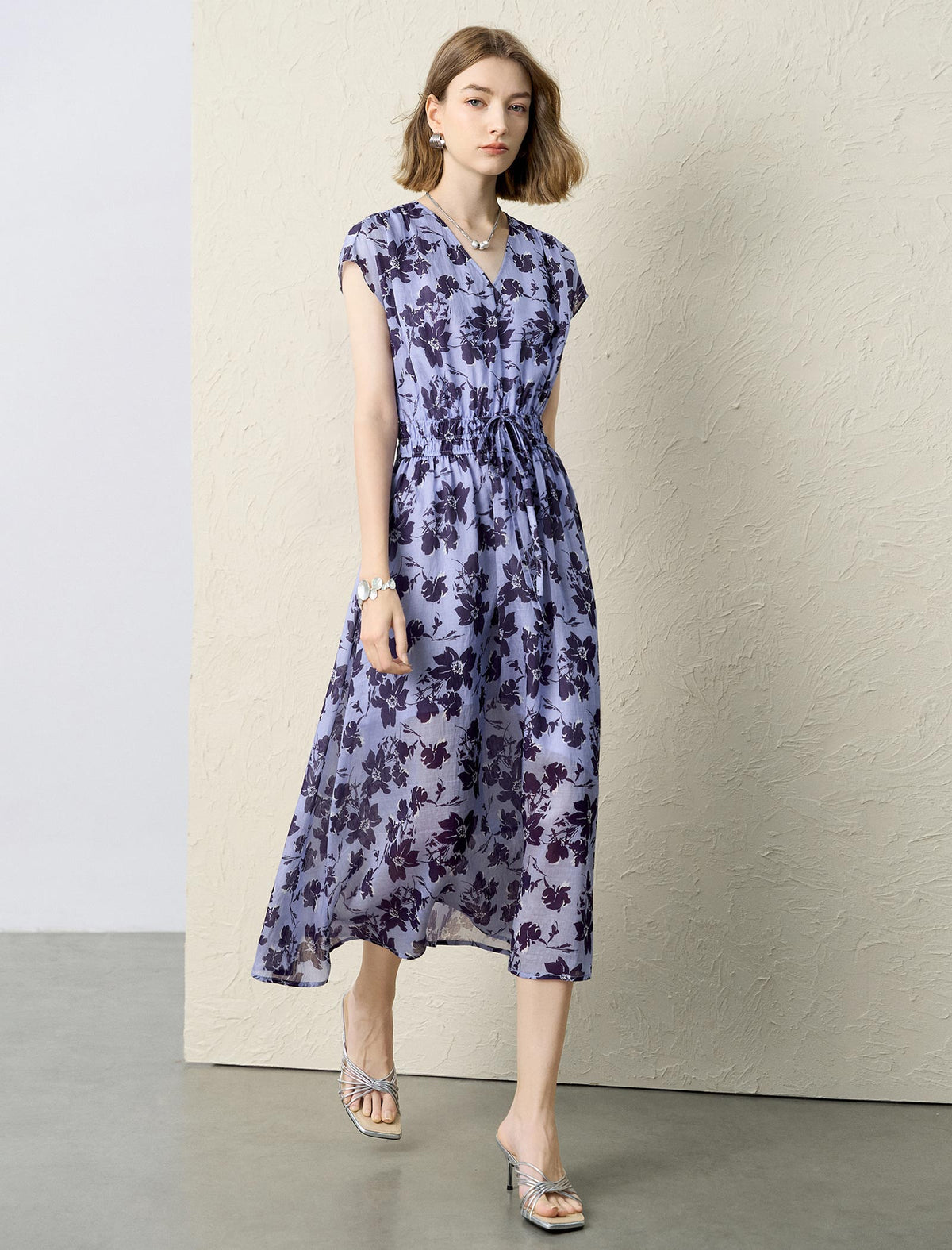 Blue Floral Print V-Neck Midi Dress